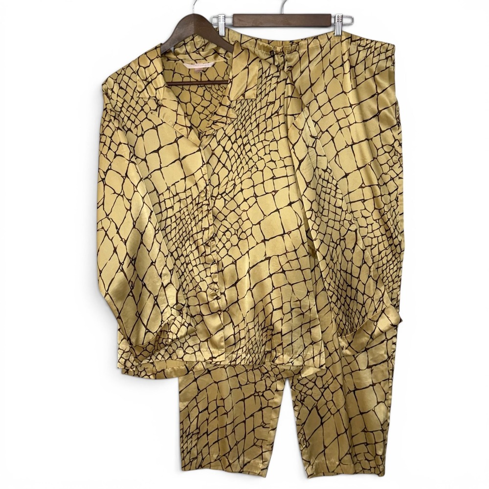 Vintage Victoria's Secret Pajama‎ Set XL Gold Crocodile Satin Y2K Button Front